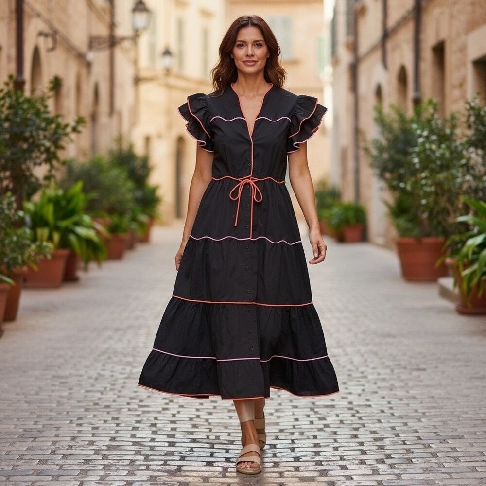 CELIA B BABA VOYAGER BLACK TIERED MIDIDRESS, SIZE XL, NWT